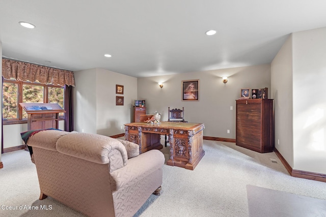 living room featuring light colored carpet, recessed lighting, and baseboards