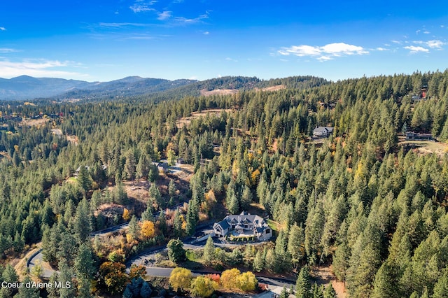 drone / aerial view featuring a mountain view and a forest view