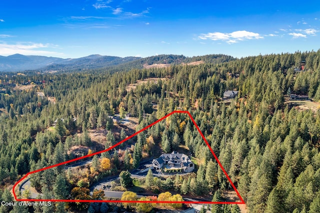 aerial view with a mountain view and a forest view