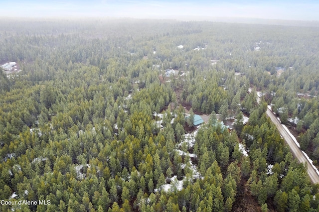 aerial view featuring a wooded view