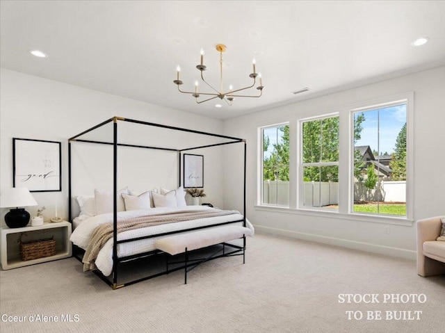 bedroom featuring baseboards, visible vents, an inviting chandelier, recessed lighting, and light colored carpet