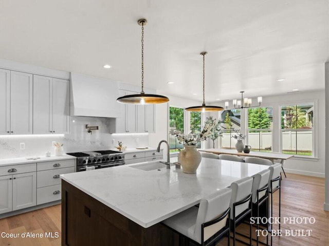 kitchen featuring range with two ovens, light wood-style flooring, a sink, decorative backsplash, and custom range hood