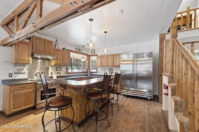 kitchen with under cabinet range hood, stainless steel appliances, dark countertops, and wood finished floors