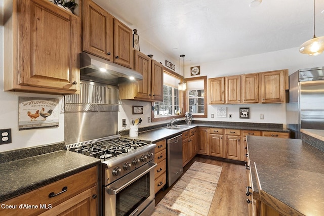 kitchen featuring dark countertops, light wood finished floors, under cabinet range hood, high end appliances, and a sink