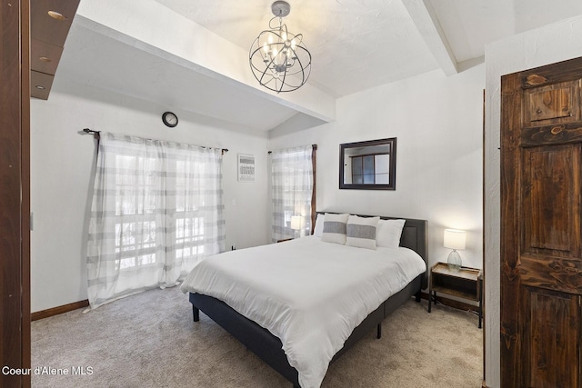 bedroom with baseboards, light carpet, an inviting chandelier, and vaulted ceiling with beams