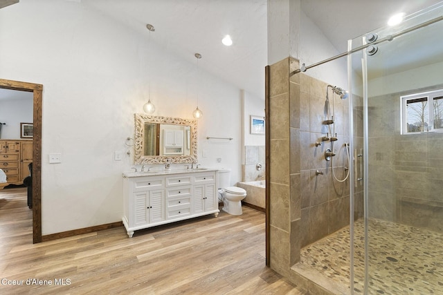 bathroom with a garden tub, wood finished floors, a shower stall, baseboards, and vanity