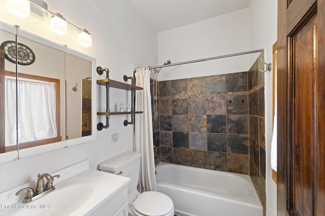 bathroom with toilet, vanity, and shower / bath combo