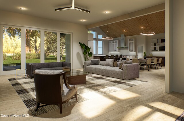 living area featuring beamed ceiling, high vaulted ceiling, and light wood-style floors