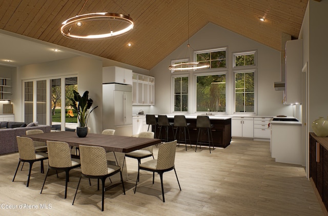 dining space featuring a chandelier, high vaulted ceiling, plenty of natural light, and wood ceiling