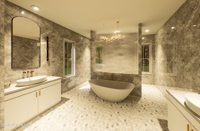 bathroom with a sink and tile walls