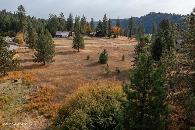 birds eye view of property featuring a rural view and a wooded view