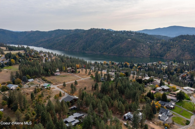 bird's eye view with a water and mountain view and a view of trees