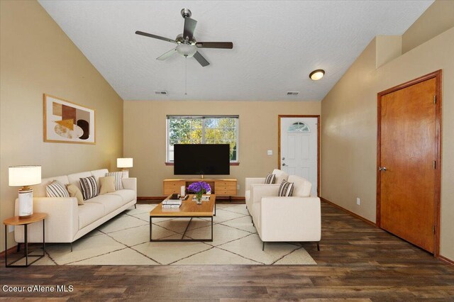 8920 N Torrey Ln, Hayden, ID 83835 - living room with wood finished floors, a ceiling fan, lofted ceiling, and visible vents
