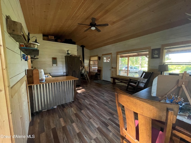 1942 Two Tail Rd, Bonners Ferry, ID 83805 - living area featuring wooden ceiling, a ceiling fan, wooden walls, dark wood-type flooring, and lofted ceiling