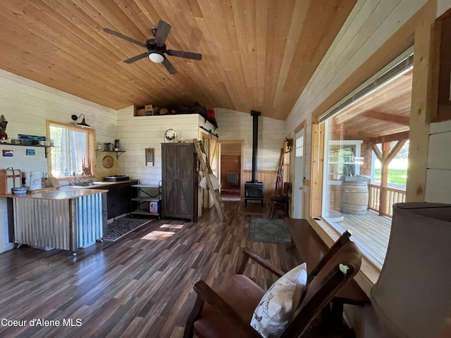 1942 Two Tail Rd, Bonners Ferry, ID 83805 - living area with a wood stove, wooden walls, dark wood-style flooring, plenty of natural light, and lofted ceiling