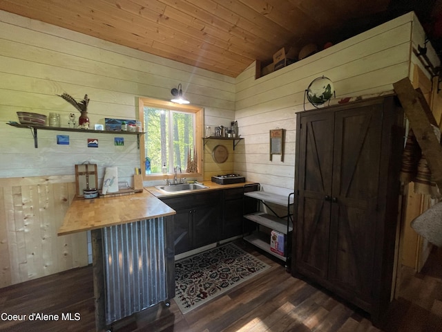 1942 Two Tail Rd, Bonners Ferry, ID 83805 - kitchen featuring open shelves, wooden walls, dark wood-style flooring, wooden ceiling, and lofted ceiling