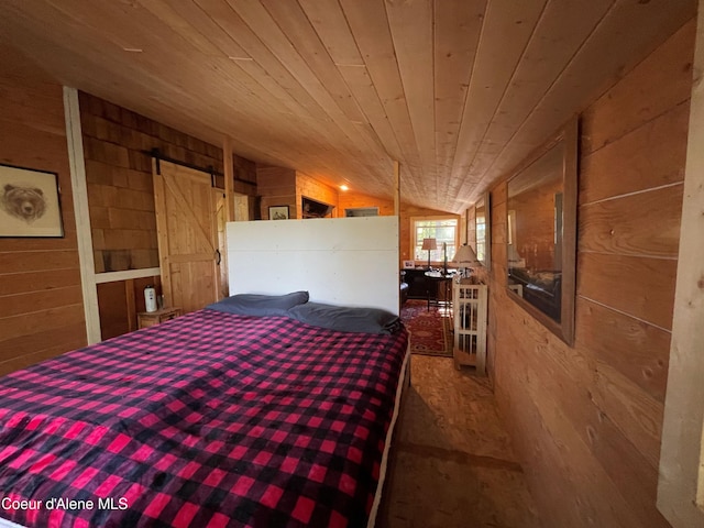1942 Two Tail Rd, Bonners Ferry, ID 83805 - bedroom featuring wooden walls, vaulted ceiling, and wood ceiling