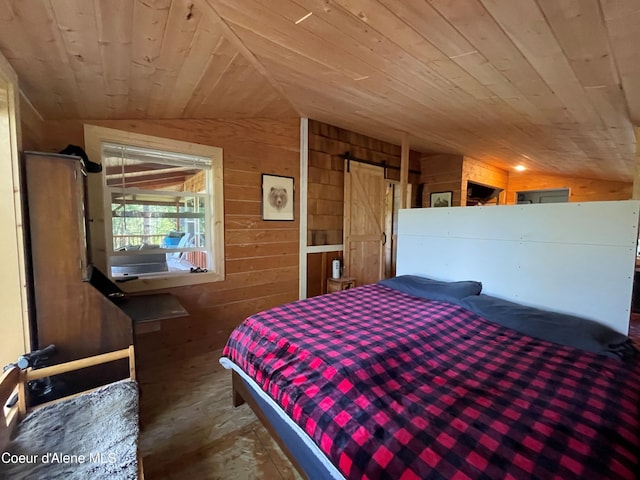1942 Two Tail Rd, Bonners Ferry, ID 83805 - bedroom featuring lofted ceiling, wood walls, and wood ceiling