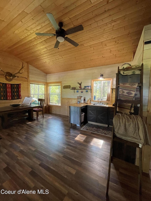 1942 Two Tail Rd, Bonners Ferry, ID 83805 - kitchen featuring vaulted ceiling, wood walls, dark wood-style floors, wooden ceiling, and ceiling fan