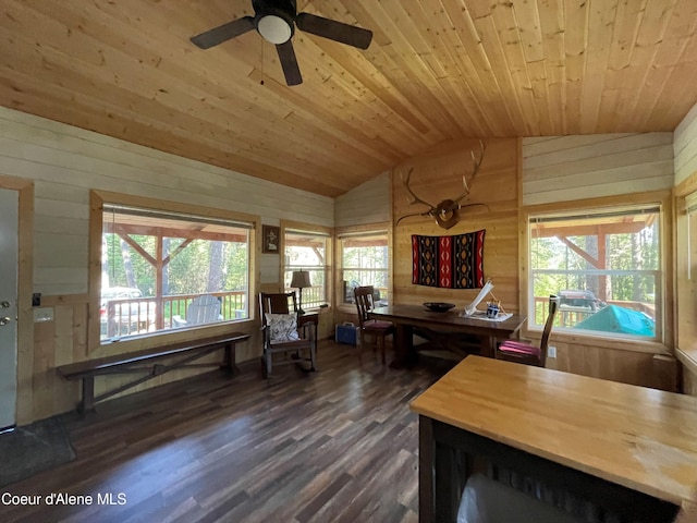 1942 Two Tail Rd, Bonners Ferry, ID 83805 - dining room featuring lofted ceiling, wood walls, wooden ceiling, dark wood-style flooring, and ceiling fan