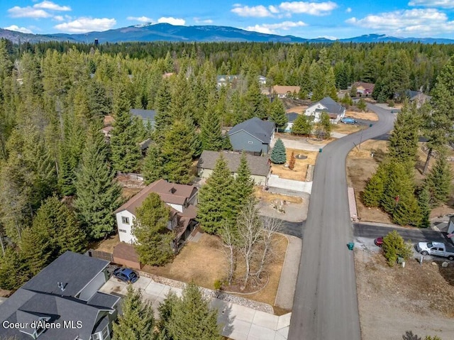 birds eye view of property with a mountain view and a view of trees