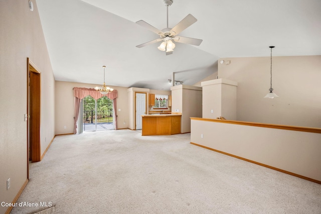 unfurnished living room with baseboards, light carpet, ceiling fan with notable chandelier, and vaulted ceiling