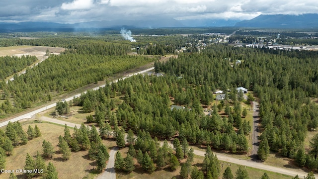 birds eye view of property featuring a mountain view and a forest view
