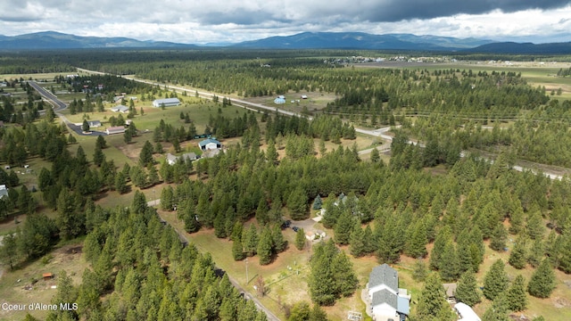 birds eye view of property with a mountain view and a wooded view