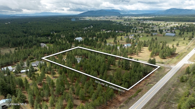 drone / aerial view featuring a forest view and a mountain view