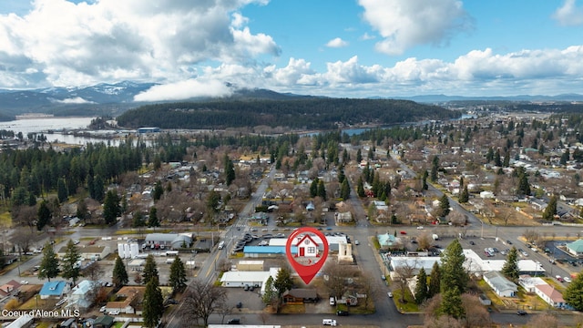 drone / aerial view featuring a mountain view