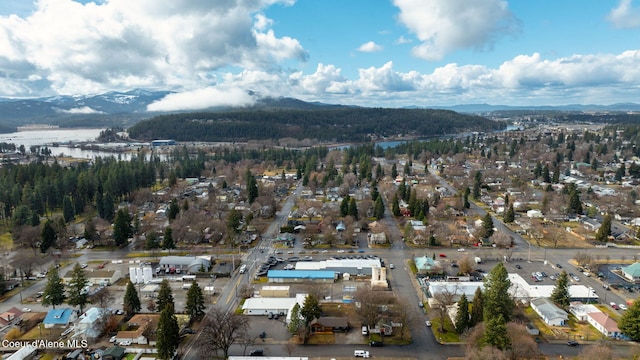 drone / aerial view featuring a mountain view