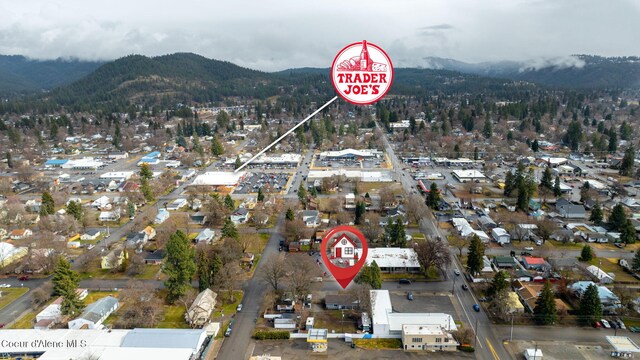 drone / aerial view featuring a mountain view