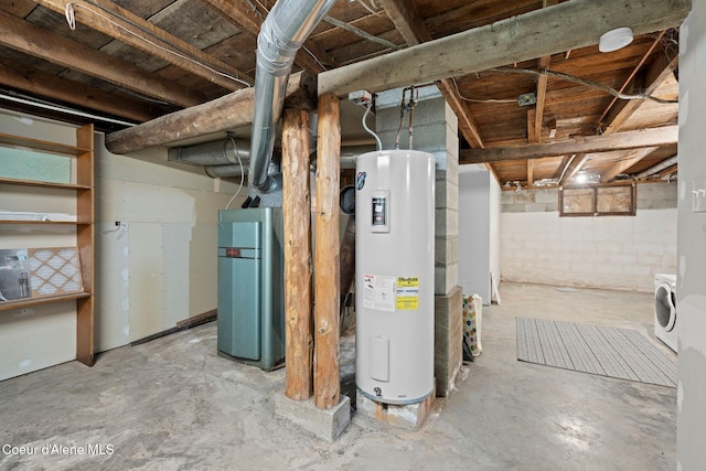 unfinished below grade area featuring washer / clothes dryer, refrigerator, and electric water heater