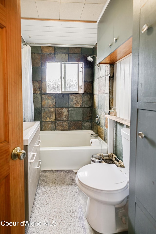 bathroom with toilet and shower / bathtub combination with curtain