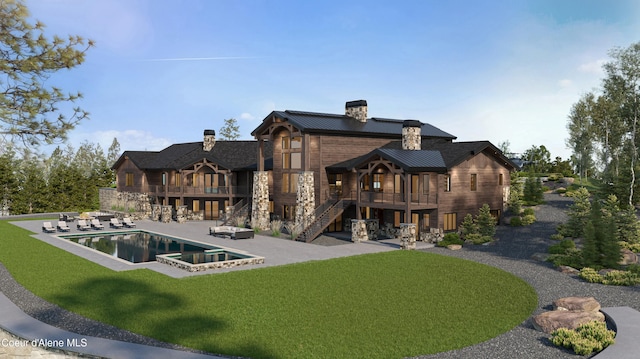 4579 E Plum Rd, Coeur Dalene, ID 83814 - rear view of property featuring a chimney, a patio area, a balcony, stairway, and a yard