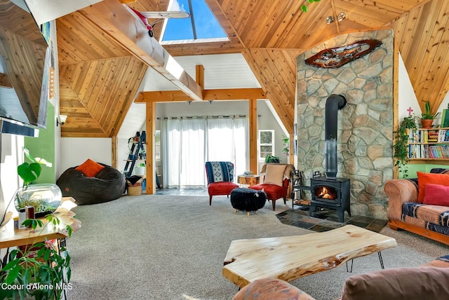 living room with wood ceiling, carpet flooring, high vaulted ceiling, and a wood stove