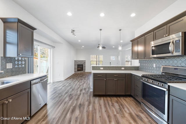 1006 E Garden Ave, Coeur Dalene, ID 83814 - kitchen with a ceiling fan, tasteful backsplash, light wood-style floors, light countertops, and appliances with stainless steel finishes