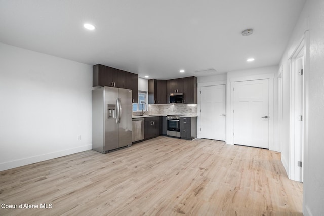1006 E Garden Ave, Coeur Dalene, ID 83814 - kitchen featuring light countertops, dark brown cabinets, backsplash, light wood-style floors, and appliances with stainless steel finishes