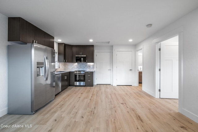 1006 E Garden Ave, Coeur Dalene, ID 83814 - kitchen featuring dark brown cabinets, light wood-style floors, appliances with stainless steel finishes, and tasteful backsplash