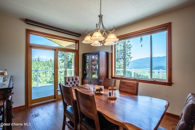 dining area featuring a wealth of natural light, a textured ceiling, an inviting chandelier, and wood-type flooring