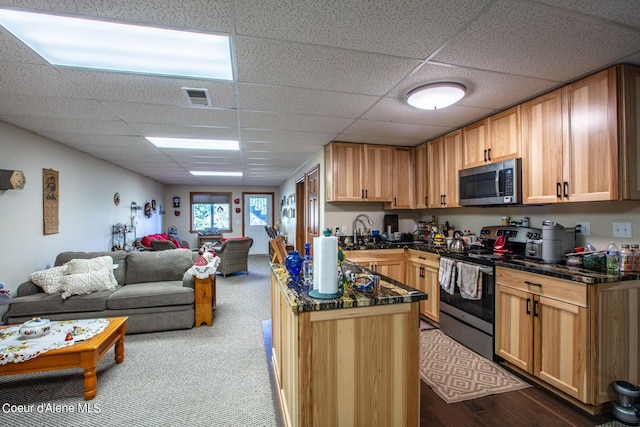kitchen with visible vents, a sink, stainless steel appliances, open floor plan, and a center island