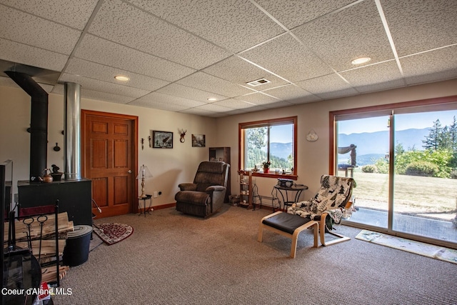 sitting room with visible vents, recessed lighting, baseboards, carpet, and a paneled ceiling
