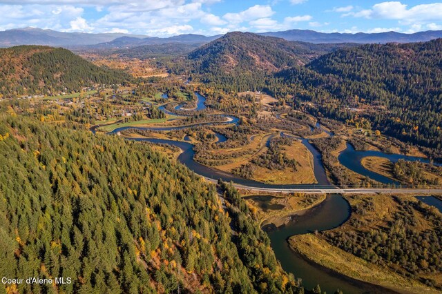 bird's eye view with a mountain view and a wooded view