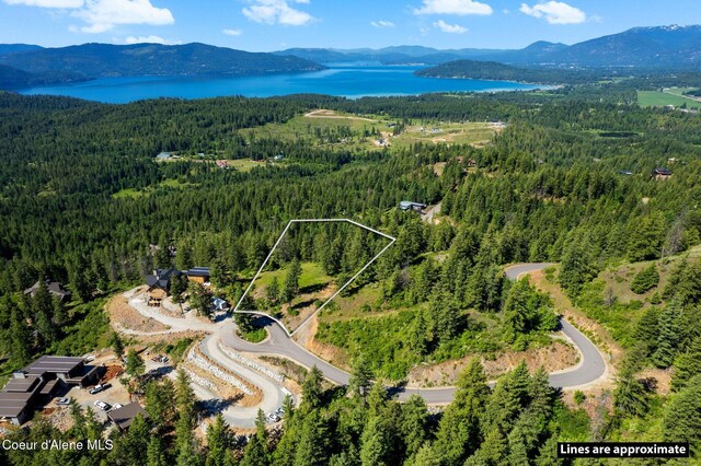 TBBT2 Green Monarch Ln, Sandpoint, ID 83864 - view of property location with a heavily wooded area, a water and mountain view, and property boundaries highlighted