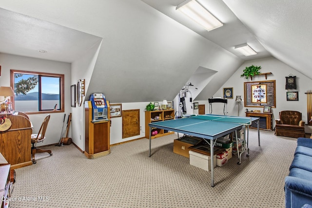 190 W Eagle Crest Dr, Coeur Dalene, ID 83814 - recreation room with baseboards, a textured ceiling, light carpet, and vaulted ceiling
