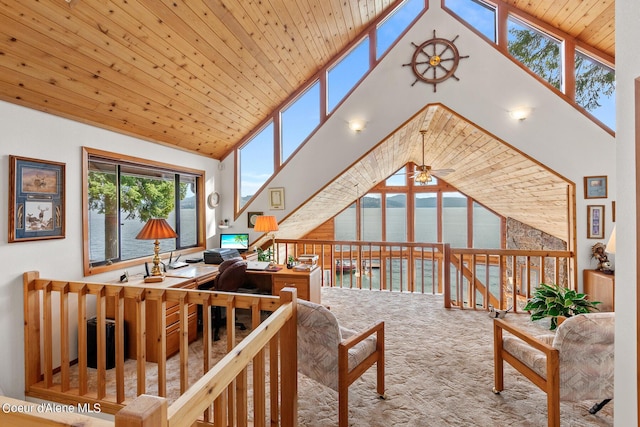 190 W Eagle Crest Dr, Coeur Dalene, ID 83814 - living area with high vaulted ceiling, wood ceiling, carpet, and a ceiling fan