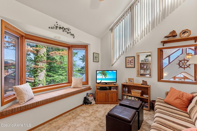190 W Eagle Crest Dr, Coeur Dalene, ID 83814 - living area with baseboards, carpet floors, and lofted ceiling