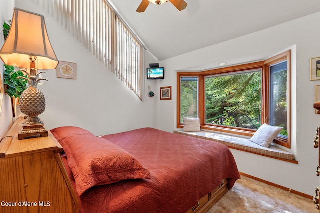 190 W Eagle Crest Dr, Coeur Dalene, ID 83814 - bedroom with baseboards, carpet floors, a ceiling fan, and vaulted ceiling