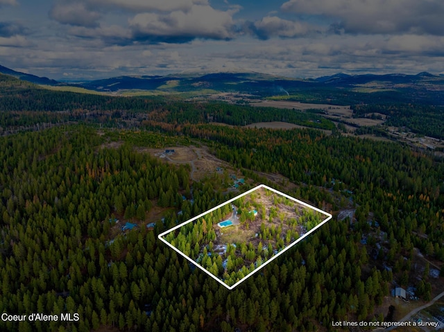 drone / aerial view with a wooded view and a mountain view