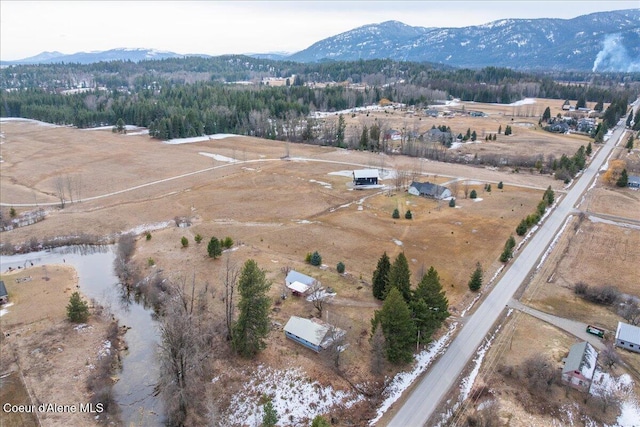 birds eye view of property with a rural view and a mountain view